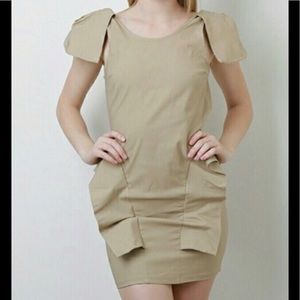 Beige Nude Bold Shoulder Backless Peplum Dress 🍁